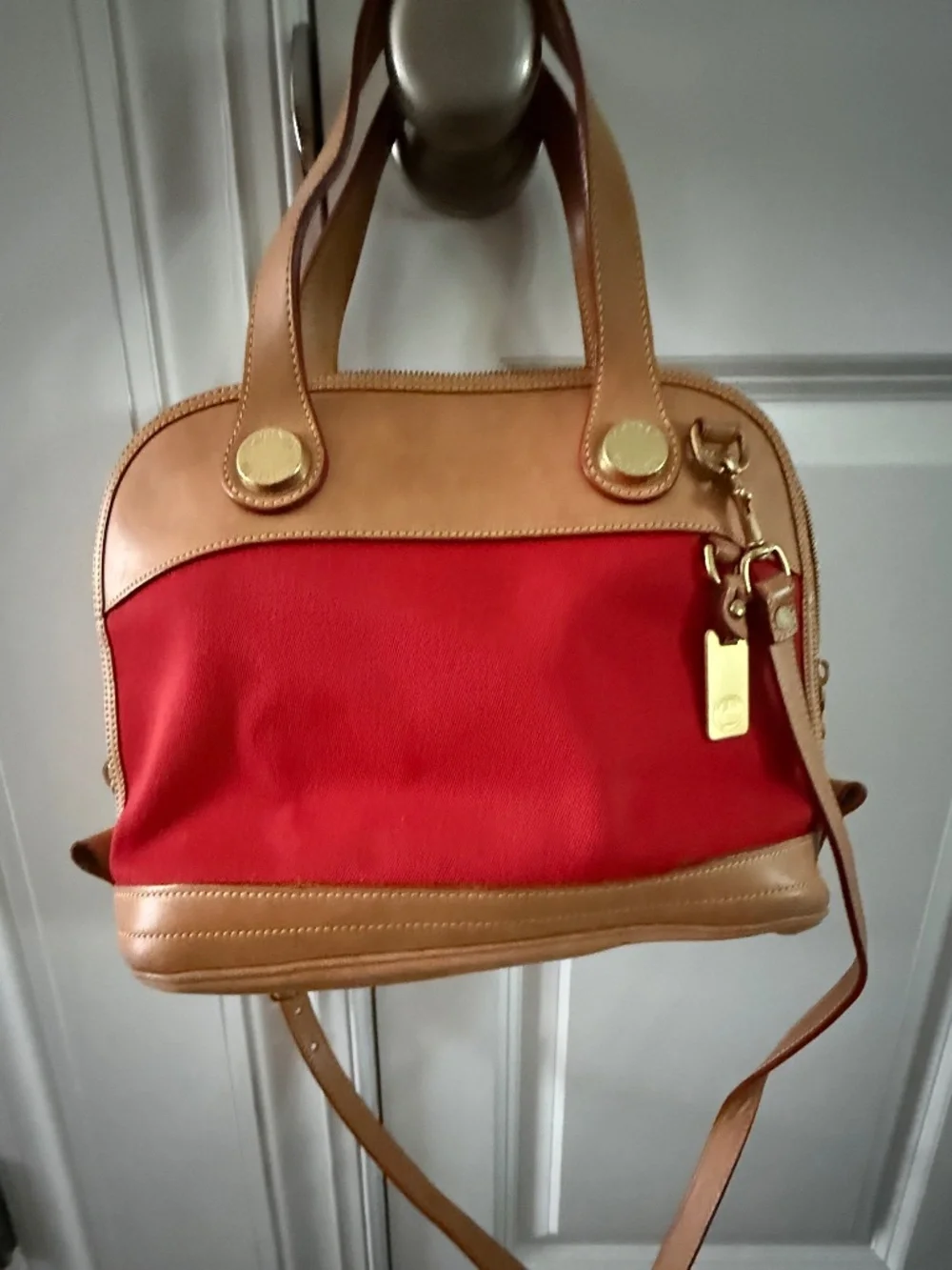 Dooney and Bourke Red Canvas and Tan leather purse. - Picture 1 of 6
